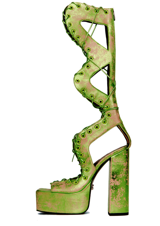 green metallic gladiator heels by syro